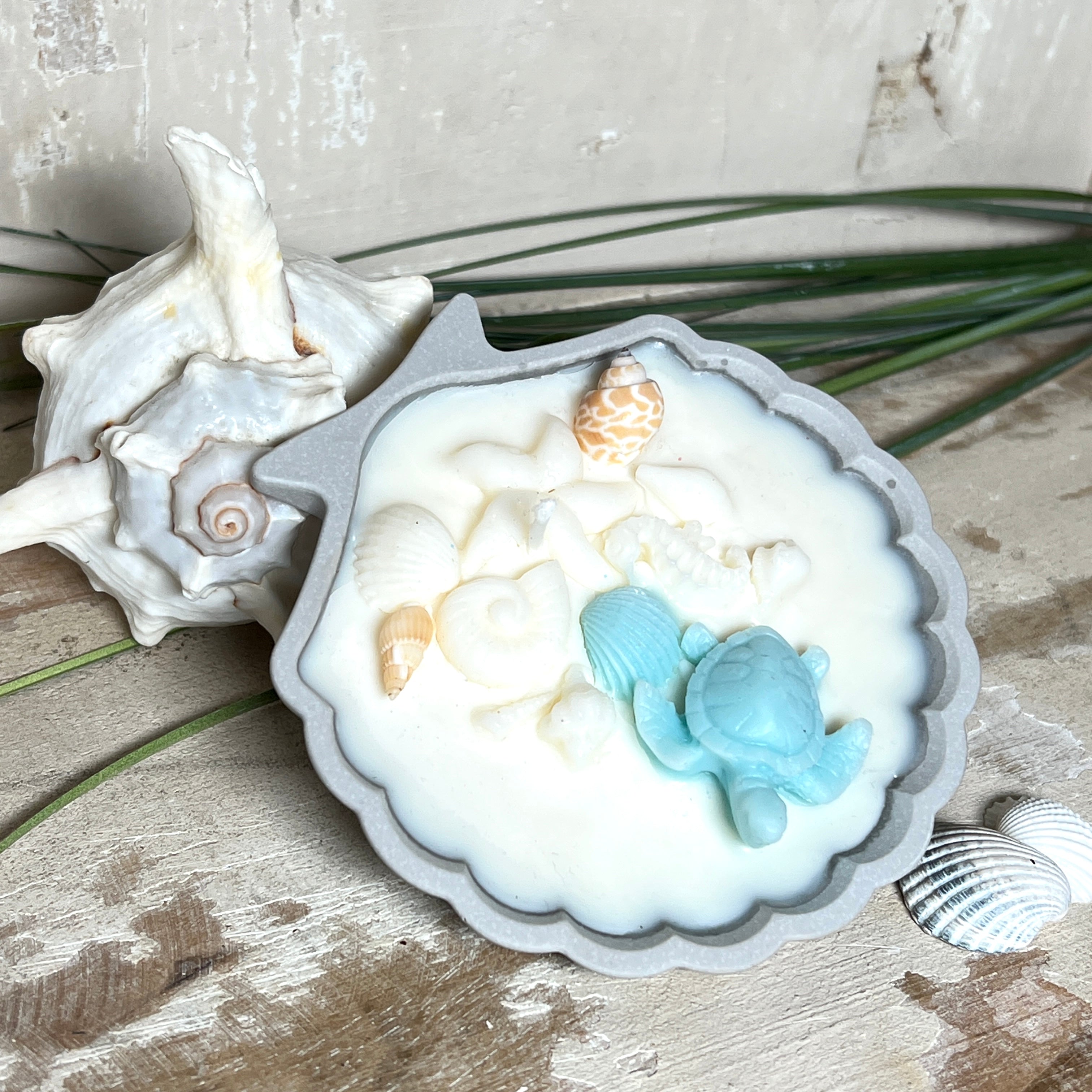 andgefertigte Kerze „Ozeanfreund“ in Jesmonite-Schale (ca. 11 cm). Gefüllt mit nachhaltigem Sojawachs, dekoriert mit echten Muscheln, handgegossenen Wachsmuscheln und einer türkisfarbenen Wachsschildkröte. Maritime Kerze – einzigartig, dekorativ und perfekt als Geschenk oder als Meeres-Deko.