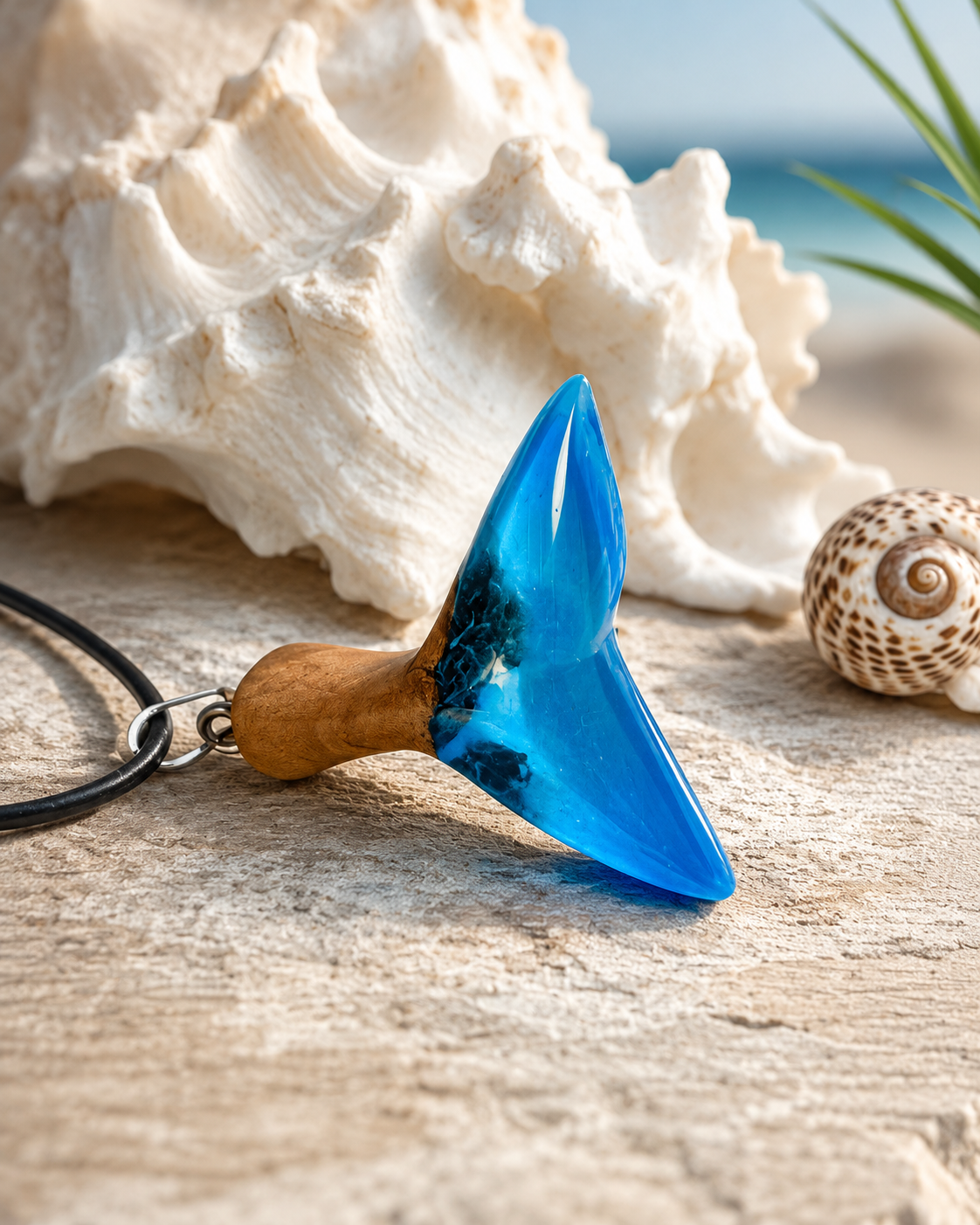 Handgemachte Halskette mit Walflossen Anhänger aus Holz und Epoxidharz in Blau, maritimer Schmuck inspiriert vom Meer.