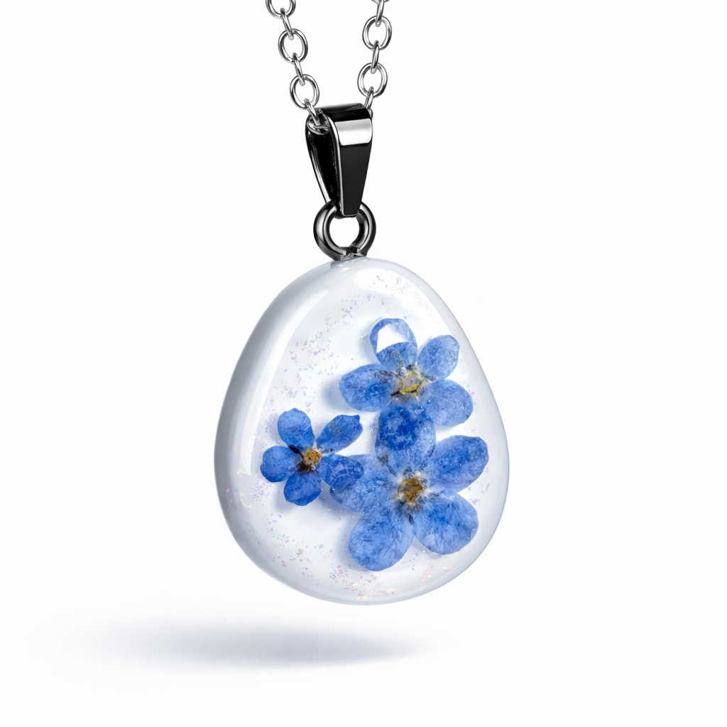 Anhänger aus weißem Epoxidharz mit echten gepressten Vergissmeinnichtblüten und einem Hauch feinem Glitzer – romantisch, handgefertigt und unvergänglich schön. Versilberte Kette ca. 46 cm, Edelstahl-Karabiner.