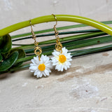 Handgefertigte Gänseblümchen-Ohrringe aus Harz mit 925 vergoldeten Ohrhaken, weiße Blüte mit gelbem Zentrum, goldfarbene Details, Länge ca. 4,5 cm.
