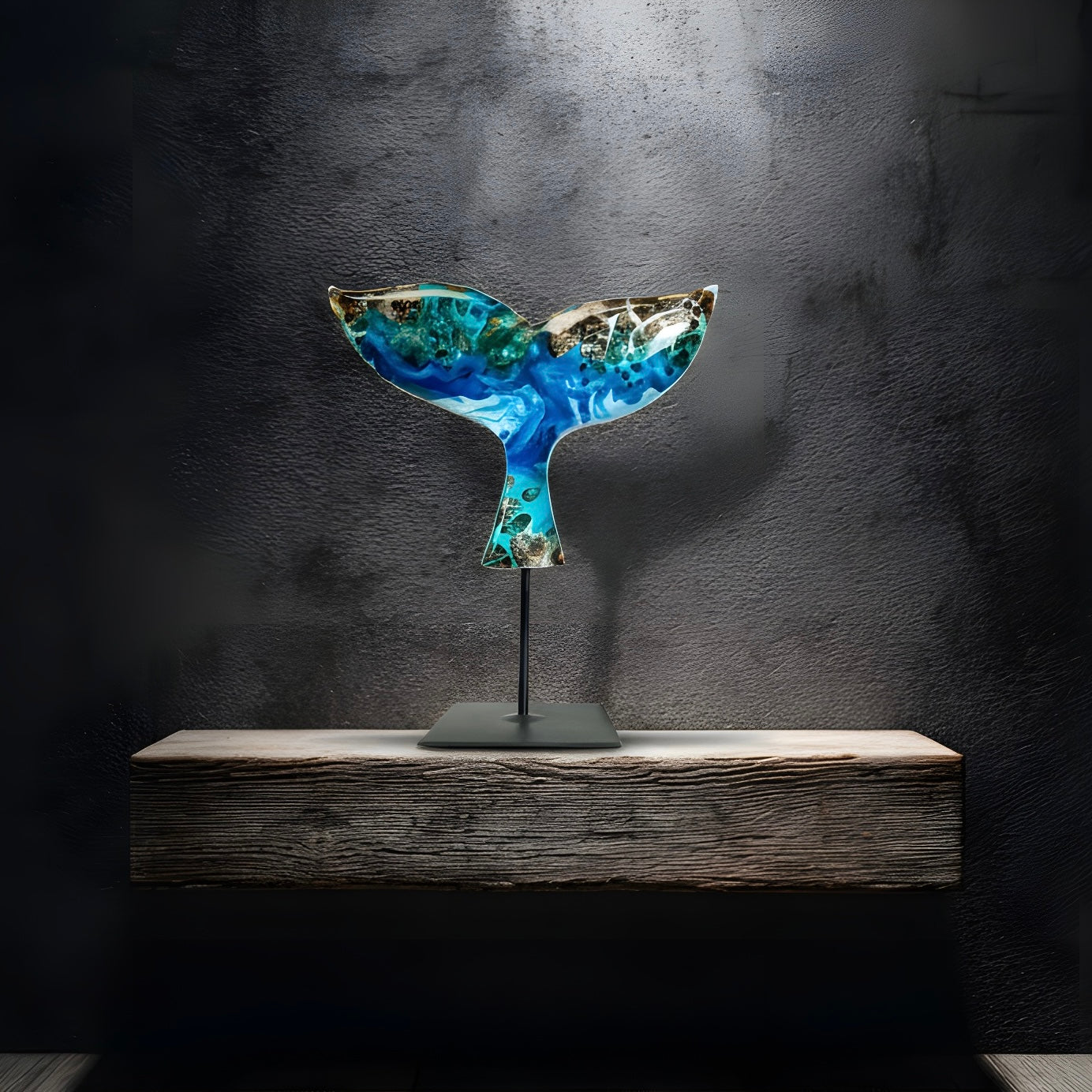 Handgefertigte Walflossen-Skulptur „Ocean Grace“ aus Maserholz und Epoxidharz in Blau, Weiß und Türkis, auf schwarzem Metallständer, ca. 29 x 27 cm, als exklusives maritimes Deko-Kunstwerk auf einem modernen Sideboard vor dunkler Wand platziert.