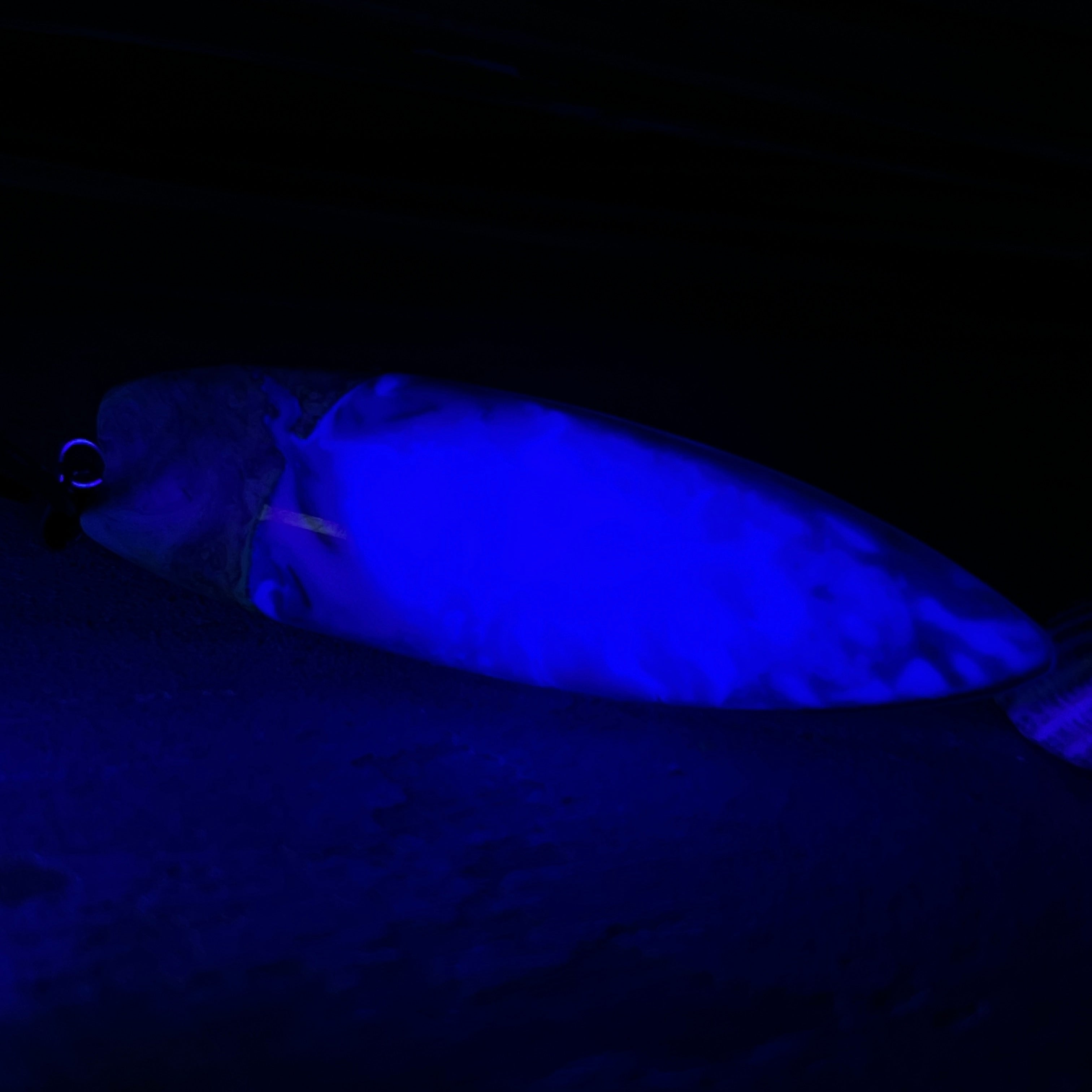 Surfbrett-Anhänger aus Maserholz und blau-weißem Epoxidharz, hochglanzpoliert, ca. 6,5 × 2 cm. An schwarzer Lederkette mit Edelstahl-Karabiner und 5-cm-Verlängerung; Edelstahl-Öse. Im Tageslicht lagunenblau, unter Schwarzlicht fluoreszierend – ideal als Party-/Festival-Schmuck. Handgefertigtes Unikat, Lieferung in edler Schmuckbox.