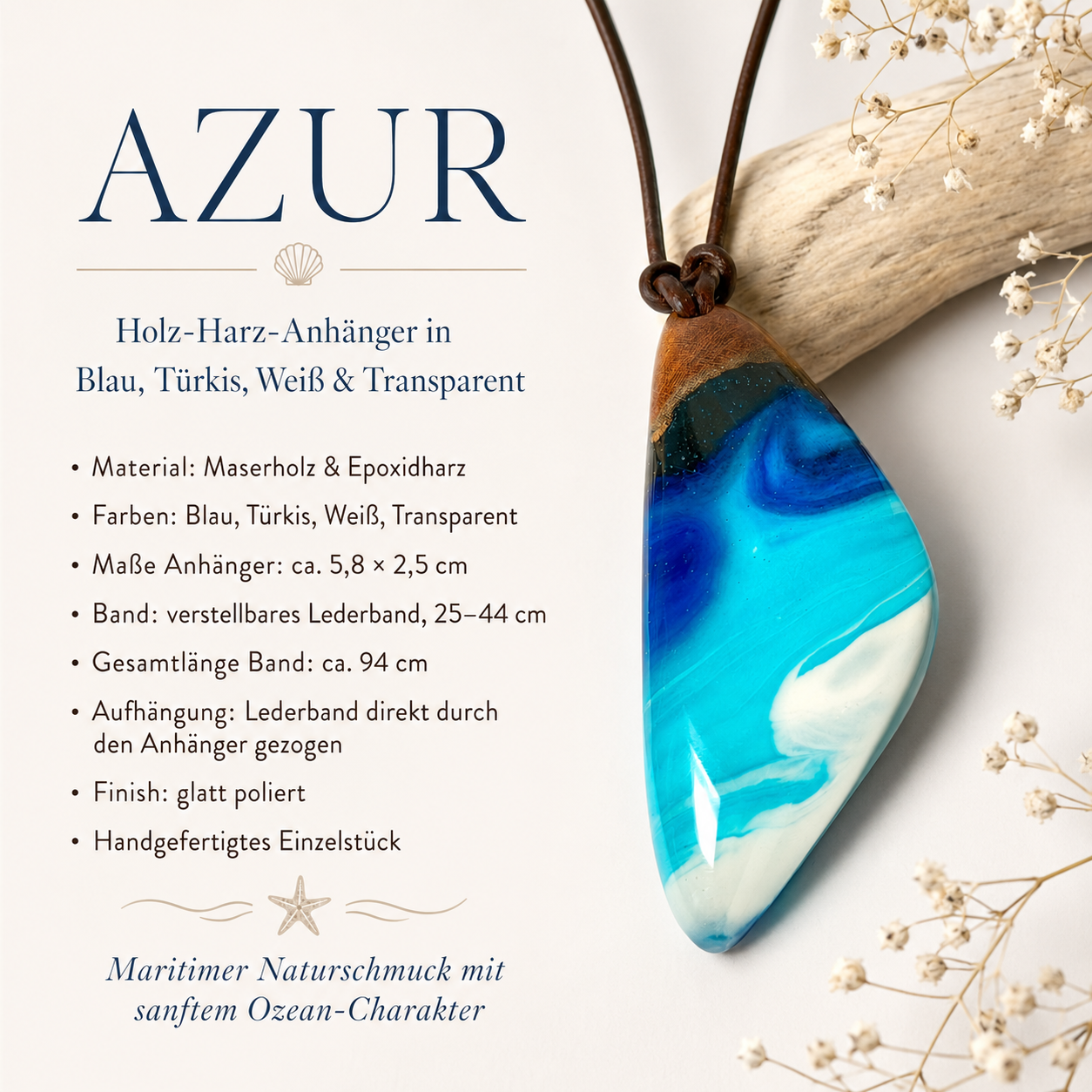 Produktinfografik Azur – Holz-Harz-Anhänger aus Maserholz und Epoxidharz in Blau, Türkis, Weiß und Transparent, ca. 5,8 × 2,5 cm, verstellbares Lederband 25–44 cm, handgefertigtes Einzelstück