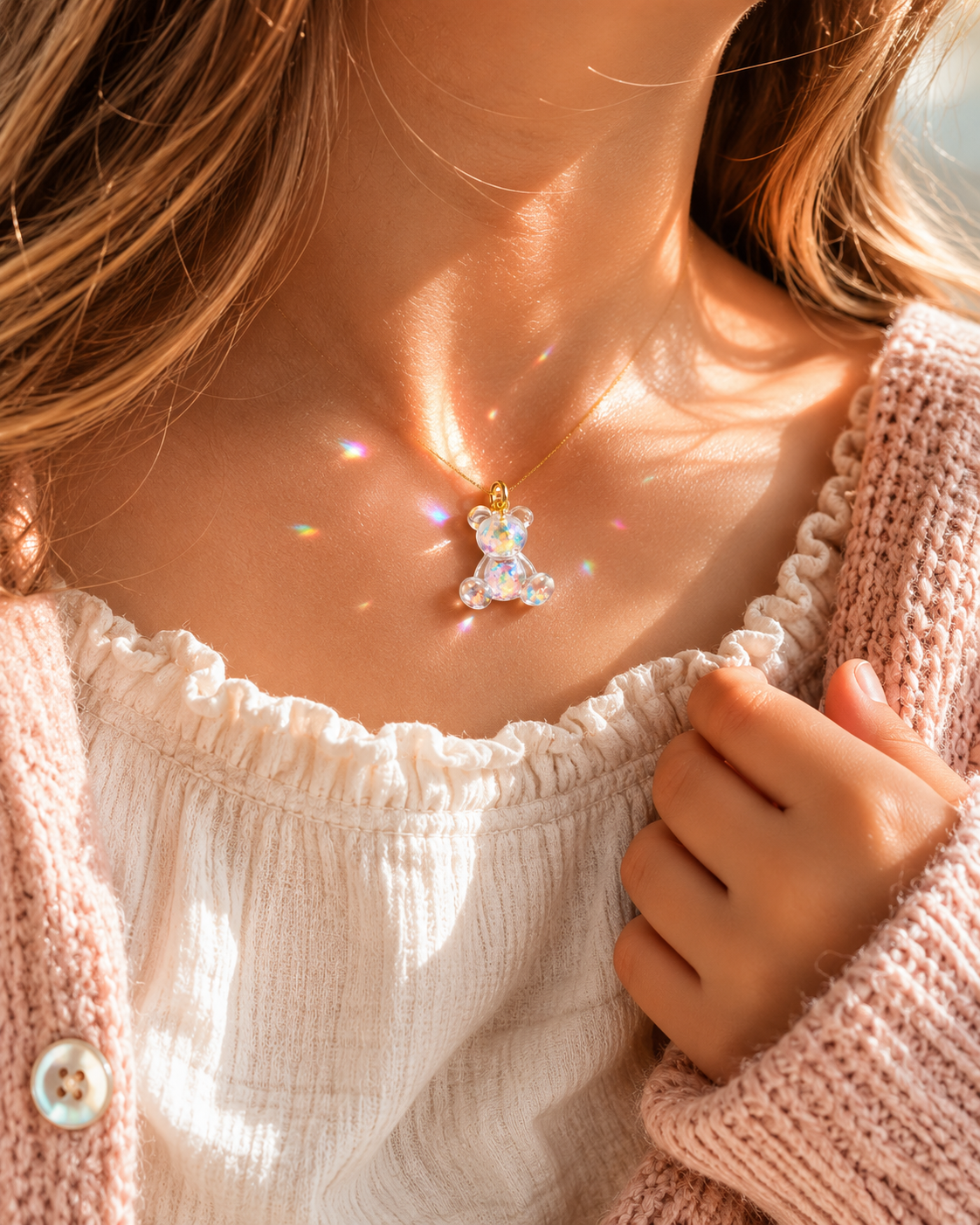KI-Tragebild SCHIMMERBÄR – moderner Bärchen Anhänger aus klarem Resin mit irisierenden Flakes und goldfarbener Edelstahlschlaufe, glitzernder Mini-Charm ohne Kette als Geschenkidee für Mädchen.