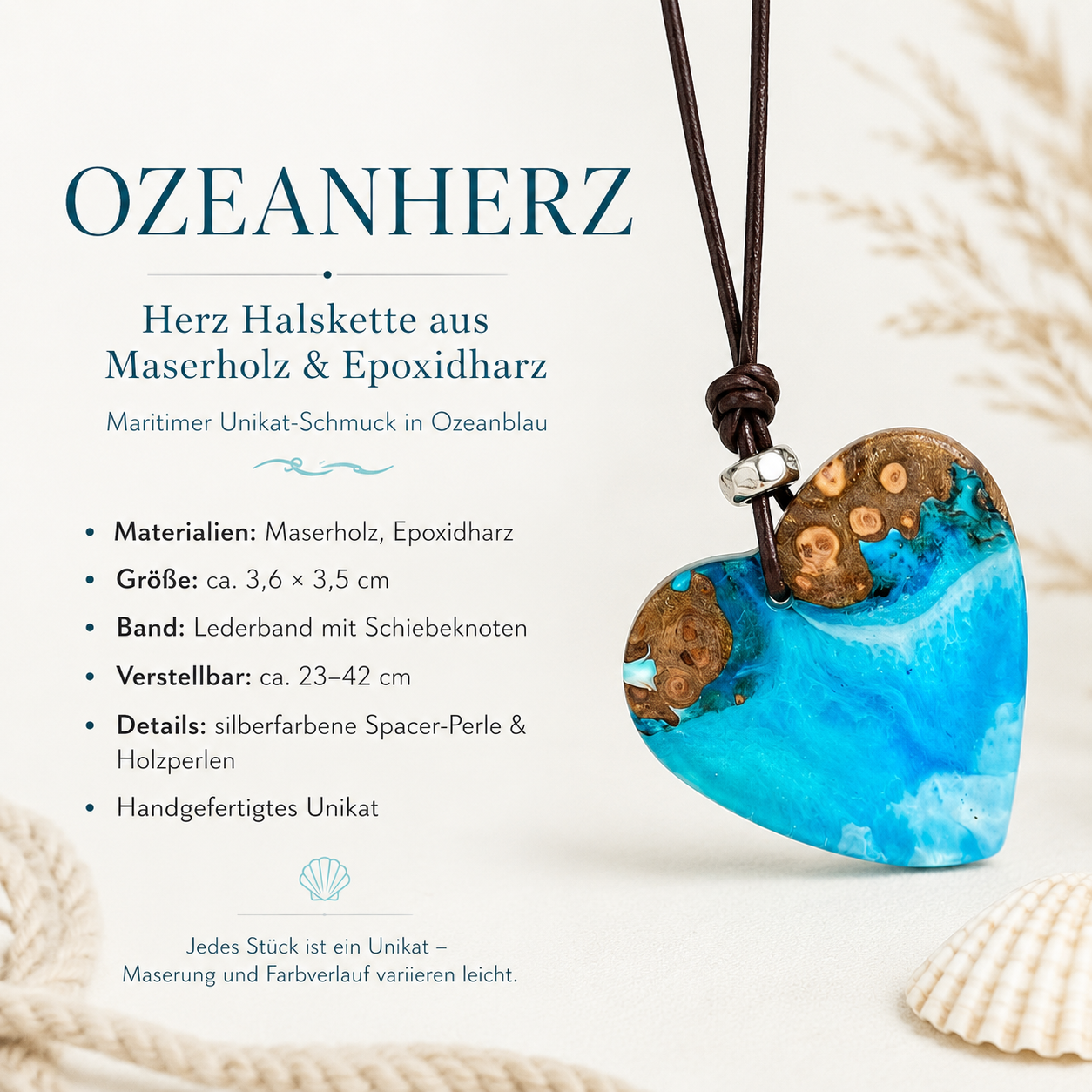 Handgefertigte OZEANHERZ Halskette aus Maserholz und blau-weißem Epoxidharz mit verstellbarem Lederband, silberfarbener Spacer-Perle und Holzperlen – maritimer Herz Anhänger im Boho Stil, Schmuck Unikat ca. 3,6 x 3,5 cm.