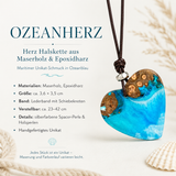 Handgefertigte OZEANHERZ Halskette aus Maserholz und blau-weißem Epoxidharz mit verstellbarem Lederband, silberfarbener Spacer-Perle und Holzperlen – maritimer Herz Anhänger im Boho Stil, Schmuck Unikat ca. 3,6 x 3,5 cm.