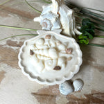 Handgefertigte Kerze „Küstenzauber“ in einer Jesmonite-Schale (ca. 11 cm). Gefüllt mit nachhaltigem Sojawachs und dekoriert mit echten Muscheln sowie handgegossenen Wachsmuscheln. Maritime Kerze – edel, dekorativ und perfekt als Geschenk oder als natürliche Meeres-Deko.
