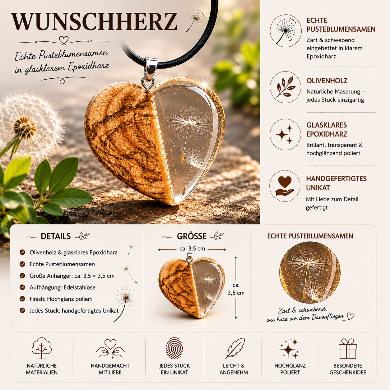 Detailbild des Herzanhängers „Wunschherz“ aus Olivenholz und klarem Epoxidharz mit echten Pusteblumensamen. Die Infografik zeigt Größe, Materialien, Hochglanz-Finish, handgefertigte Unikat-Fertigung und die natürliche Maserung des Holzes. Die schwebenden Samen verleihen dem Schmuckstück eine leichte, natürliche und zeitlose Ausstrahlung.