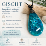 GISCHT Tropfen Anhänger aus Maserholz und Epoxidharz in Türkis-Blau mit weißer Gischt am schwarzen Lederband, handgefertigter maritimer Naturschmuck, detailreiches Produktbild mit Materialinfos