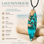 LAGUNENTRAUM Surfboard-Anhänger aus Maserholz und türkisem Epoxidharz am schwarzen Lederband – handgefertigter maritimer Naturschmuck im Lagunenblau-Look, hochglanzpoliertes Unikat mit natürlicher Holzmaserung.