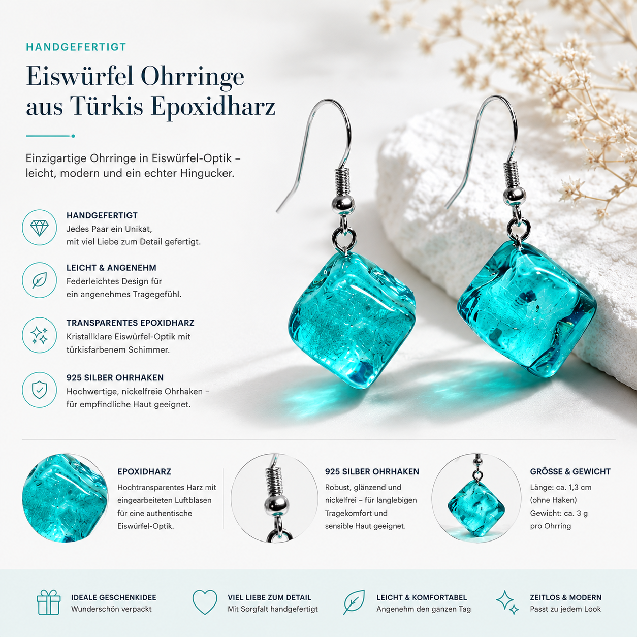 Eiswürfel-Ohrringe aus Epoxidharz in Türkis mit 925 Silber