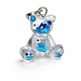 Bärchen-Anhänger aus Harz – Blaue Holoflakes (Edelstahlöse)