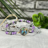 Armband mit Abalone -Muschel aus Resin lila und graue Lavaperlen und Glitzerspacer ,Geschenk, Geburtstag,