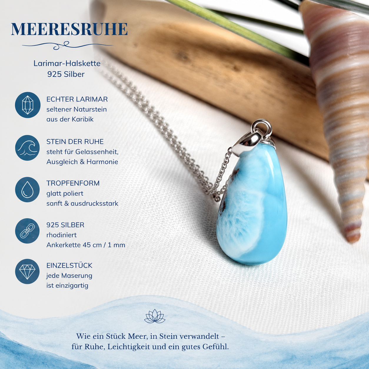 MEERESRUHE Larimar Halskette aus 925 Silber mit echtem Larimar Tropfen-Anhänger, handgefertigter maritimer Naturstein-Schmuck, seltenes Blau der Karibik, Stein von Atlantis, rhodinierte Silberkette, eleganter Unikat-Damenschmuck, Geschenk für Meerliebhaber und Naturstein-Fans.