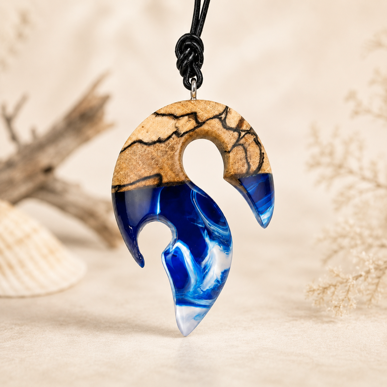 TIDE – handgefertigter Holz-Harz-Anhänger aus Buchenholz und blau-weißem Epoxidharz in Maori-Angelhaken-Form, maritimer Unikat Schmuck am Lederband mit dezenter Stranddeko.