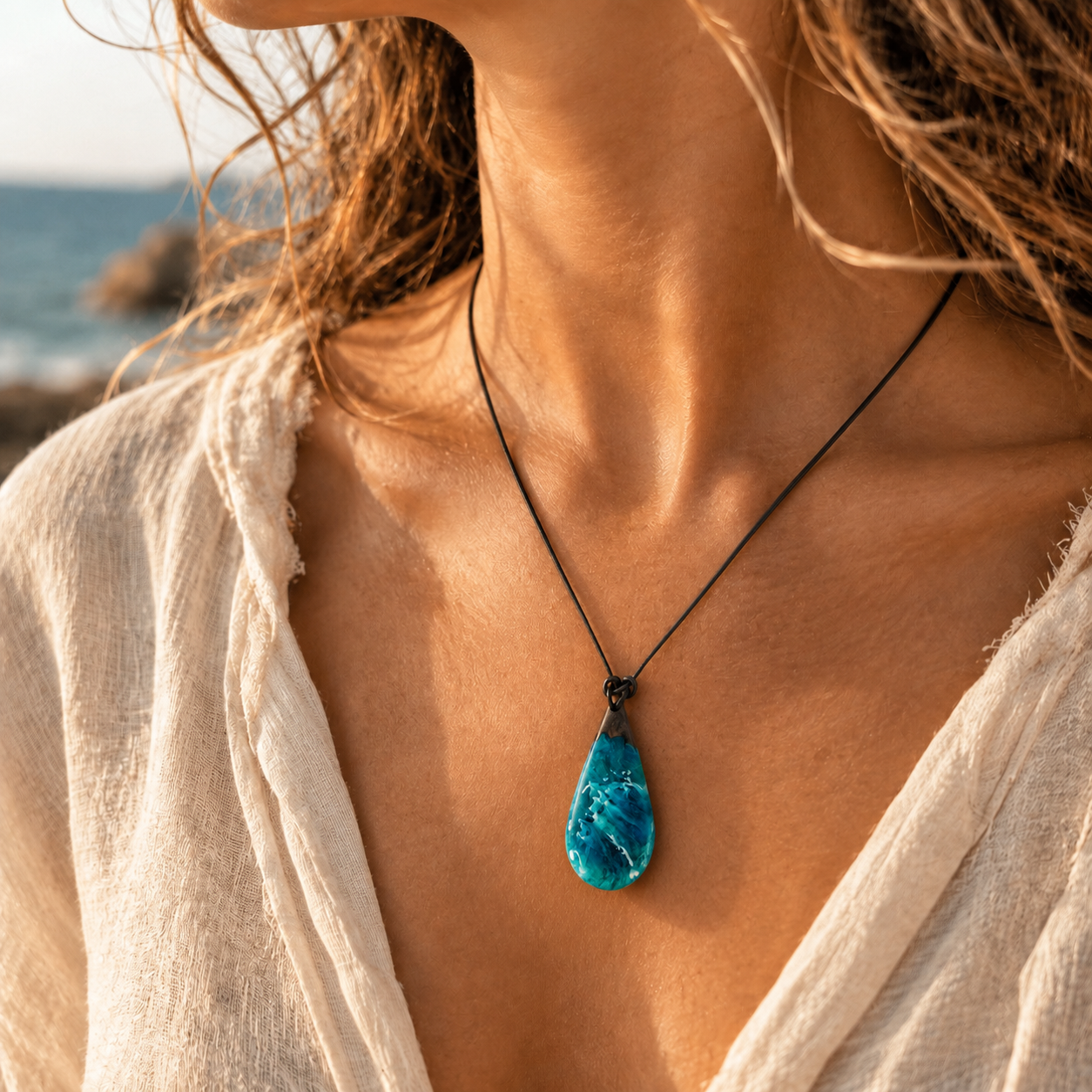 Tragebild von GISCHT, handgefertigter Tropfen Anhänger aus Maserholz und türkis-blauem Epoxidharz mit weißer Gischtoptik am schwarzen Lederband, getragen von einer Frau im warmen maritimen Strand-Look. KI-generiertes Tragebild zur Veranschaulichung der Tragewirkung.