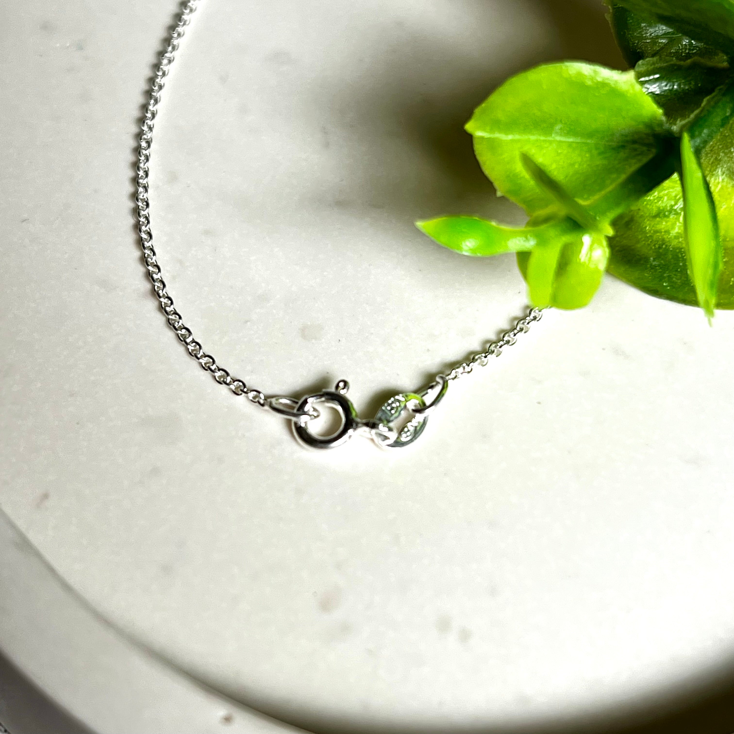 Zarte Ankerkette aus echtem 925 Silber mit klassischem Federring-Verschluss, 1 mm dick, 45 cm lang. Schlichtes, edles Design – ideal für Anhänger oder als feine Solokette. Stilvolle Schmuckfotografie mit natürlichem Hintergrund.