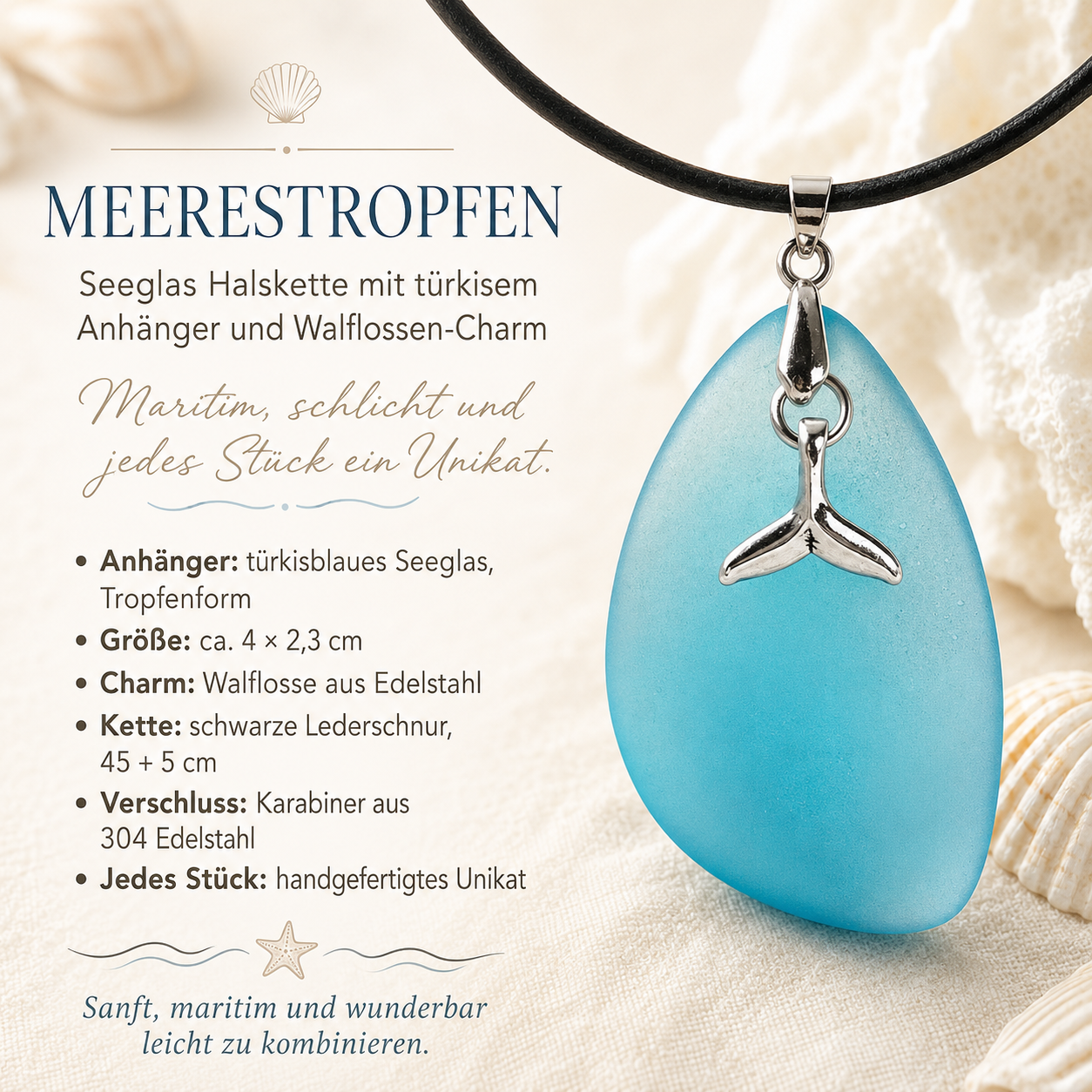 Info-Detailbild MEERESTROPFEN – handgefertigte Seeglas Halskette mit türkisblauem Tropfen-Anhänger, Walflossen-Charm aus Edelstahl und schwarzer Lederschnur, maritimer Schmuck für Frauen und Männer.
