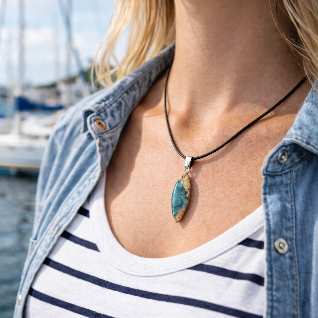 Maserholz und türkisfarbenem Resin mit Edelstahl Anhängerschlaufe an schwarzer Lederkette mit Karabiner und Verlängerung. Filigraner Ocean Anhänger inspiriert von Meer und Wellen, natürlicher Unikat Schmuck für Damen und Herren.