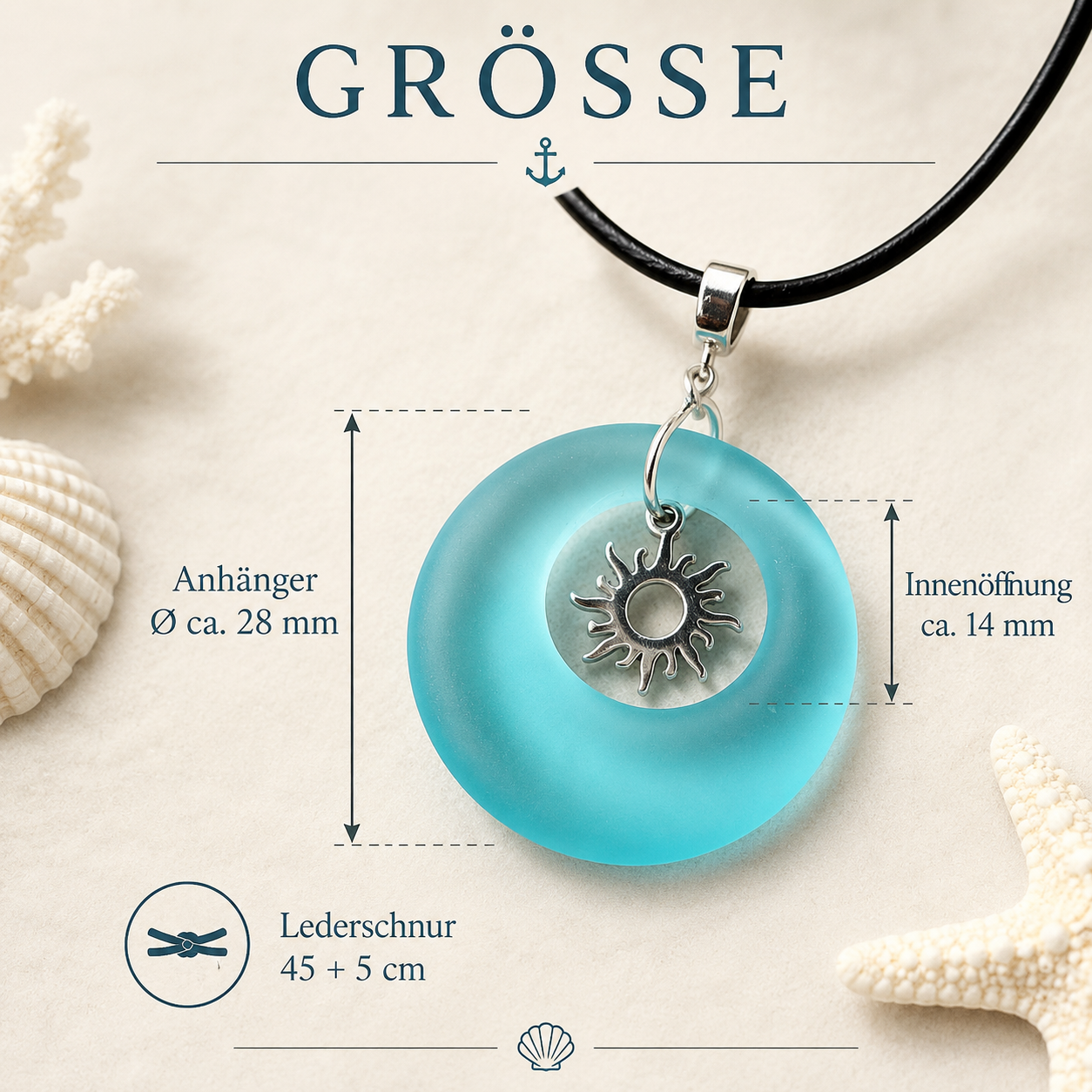 Größenbild TURQUOISE BAY – türkise Seeglas Halskette mit Donut-Anhänger Ø ca. 28 mm, Innenöffnung ca. 14 mm, Sonnen-Charm aus 304 Edelstahl und schwarzer Lederschnur 45 + 5cm