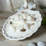 Handgefertigte Kerze „Küstenzauber“ in einer Jesmonite-Schale (ca. 11 cm). Gefüllt mit nachhaltigem Sojawachs und dekoriert mit echten Muscheln sowie handgegossenen Wachsmuscheln. Maritime Kerze – edel, dekorativ und perfekt als Geschenk oder als natürliche Meeres-Deko.