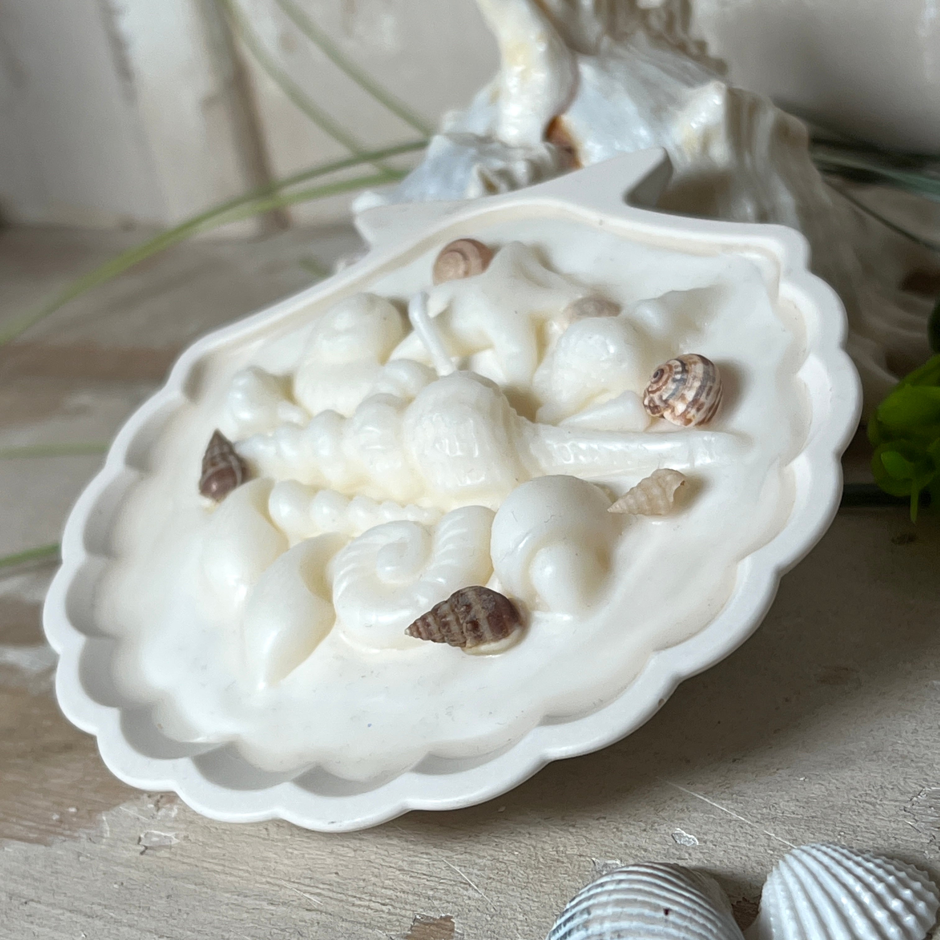 Handgefertigte Kerze „Küstenzauber“ in einer Jesmonite-Schale (ca. 11 cm). Gefüllt mit nachhaltigem Sojawachs und dekoriert mit echten Muscheln sowie handgegossenen Wachsmuscheln. Maritime Kerze – edel, dekorativ und perfekt als Geschenk oder als natürliche Meeres-Deko.