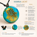 Hamsa Licht – handgefertigter Hamsa-Anhänger in Türkis und Gold, Epoxidharz hochglanzpoliert, 4 cm Durchmesser