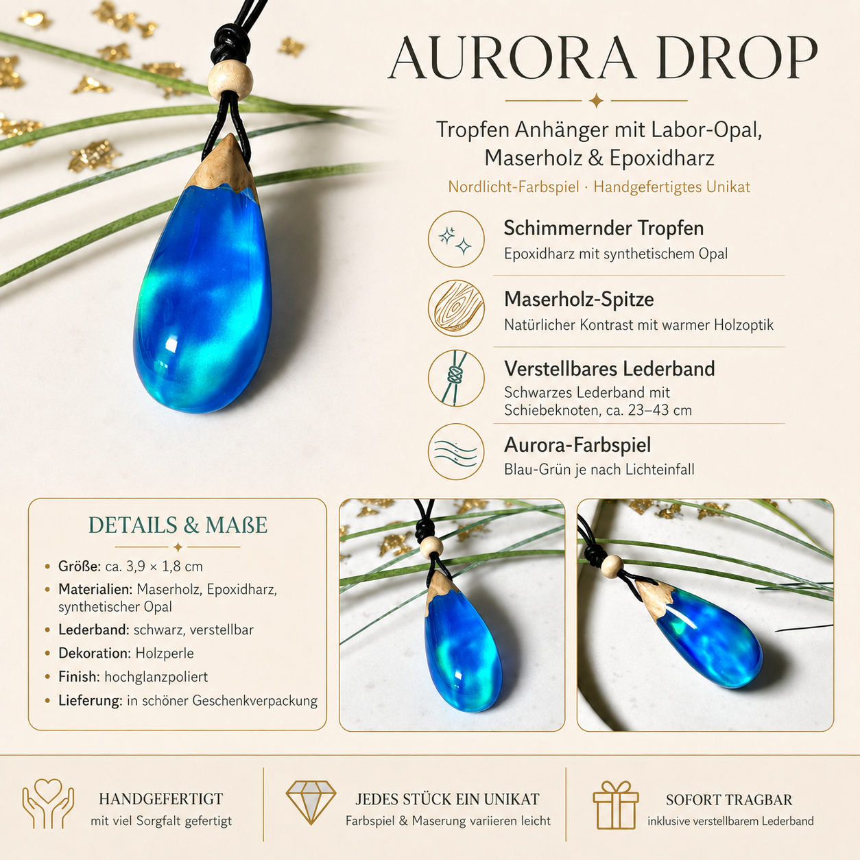 Infobild „Aurora Drop“: handgefertigter Tropfenanhänger aus Maserholz, Epoxidharz und Labor-Opal in Blau-Grün mit Nordlicht-Farbspiel, schwarzem verstellbarem Lederband, Holzperle sowie Detailangaben zu Material, Größe und Unikat.