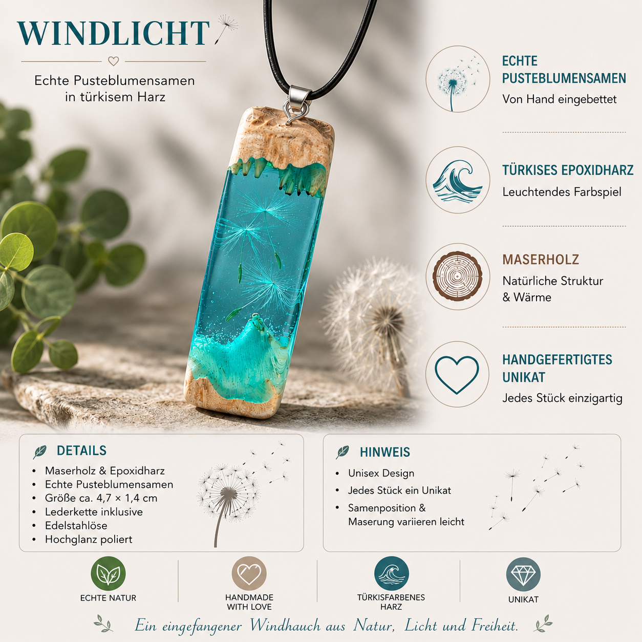 Detailbild des Anhängers „Windlicht“ aus Maserholz und türkisfarbenem Epoxidharz mit echten Pusteblumensamen. Die Infografik zeigt Produktdetails, Lederkette, Größe, hochwertige Verarbeitung und die handgefertigte Unikat-Fertigung. Das Farbspiel erinnert an Wasser, Licht und die Leichtigkeit der Natur.