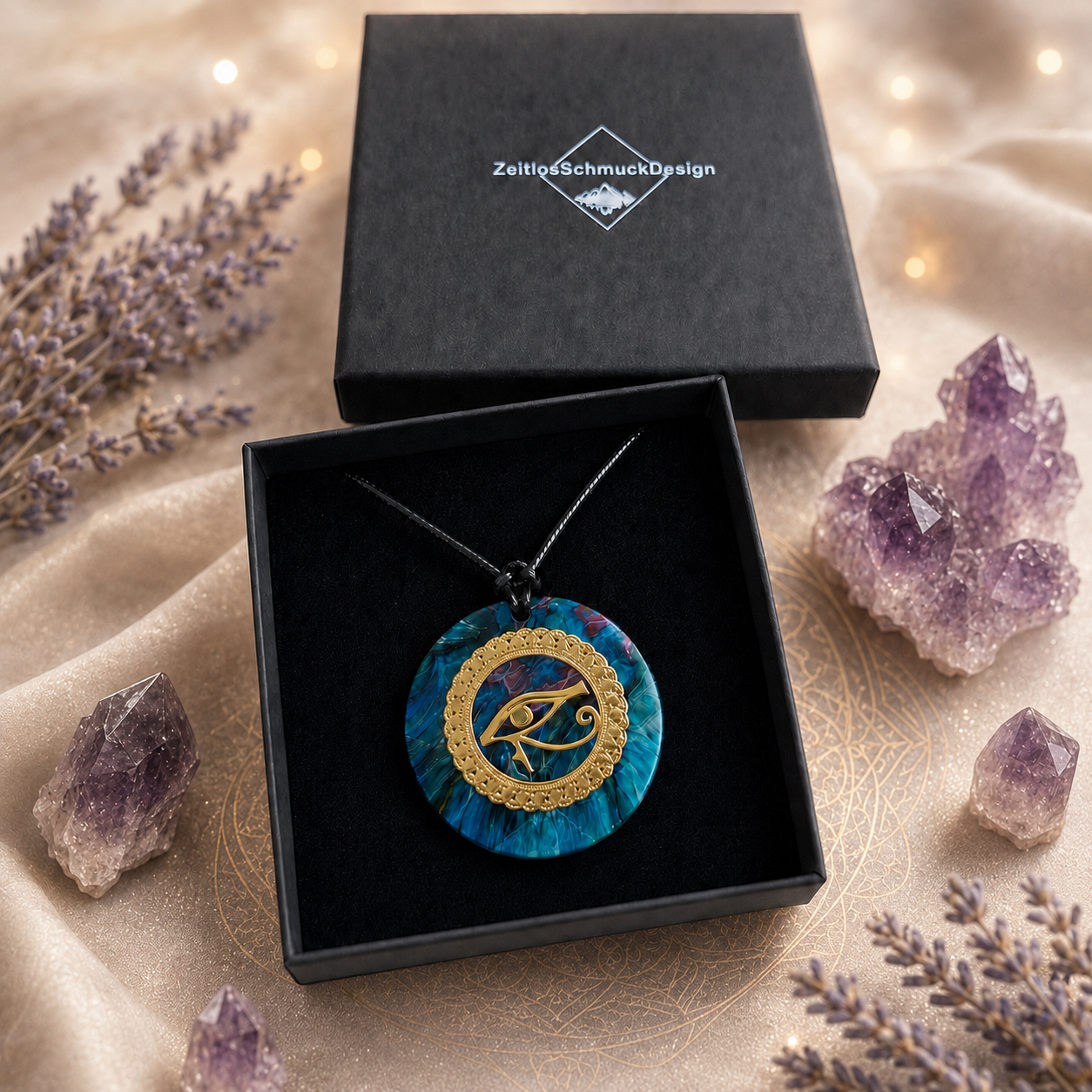 Mystischer Schmuckanhänger mit goldenem Horusauge in blau-türkis marmoriertem Epoxidharz in schwarzer Schmuckbox, umgeben von Amethysten und Lavendel, handgefertigter spiritueller Statement-Schmuck.