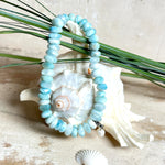 Handgefertigtes Armband aus seltenem Larimar mit facettierten, türkis-blauen Edelsteinperlen (Ø ca. 6–7 mm), elastischem Band und einem zarten Süßwasserperlen-Charm an Edelstahlkarabiner. Der wertvolle Larimar, auch „Stein des Atlantis“ genannt, gilt als Edelstein der Ruhe und Meeresverbundenheit.
