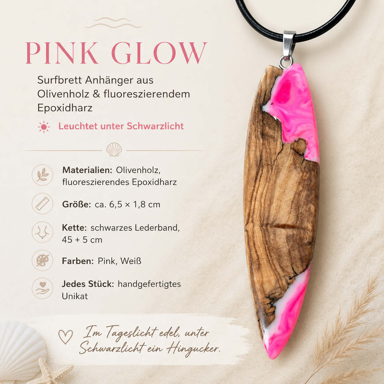 Handgefertigter Surfbrett Anhänger „Pink Glow“ aus Olivenholz und fluoreszierendem Epoxidharz in Pink-Weiß an schwarzer Lederkette – maritimer Unikat Schmuck für Damen, leuchtet unter UV- und Schwarzlicht.