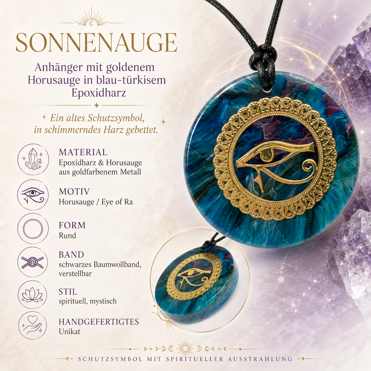 Info-Detailbild SONNENAUGE – runder Anhänger mit goldenem Horusauge in blau-türkisem, violett marmoriertem Epoxidharz am schwarzen Baumwollband, handgefertigter spiritueller Schmuck mit mystischer Ausstrahlung.