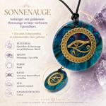 Info-Detailbild SONNENAUGE – runder Anhänger mit goldenem Horusauge in blau-türkisem, violett marmoriertem Epoxidharz am schwarzen Baumwollband, handgefertigter spiritueller Schmuck mit mystischer Ausstrahlung.