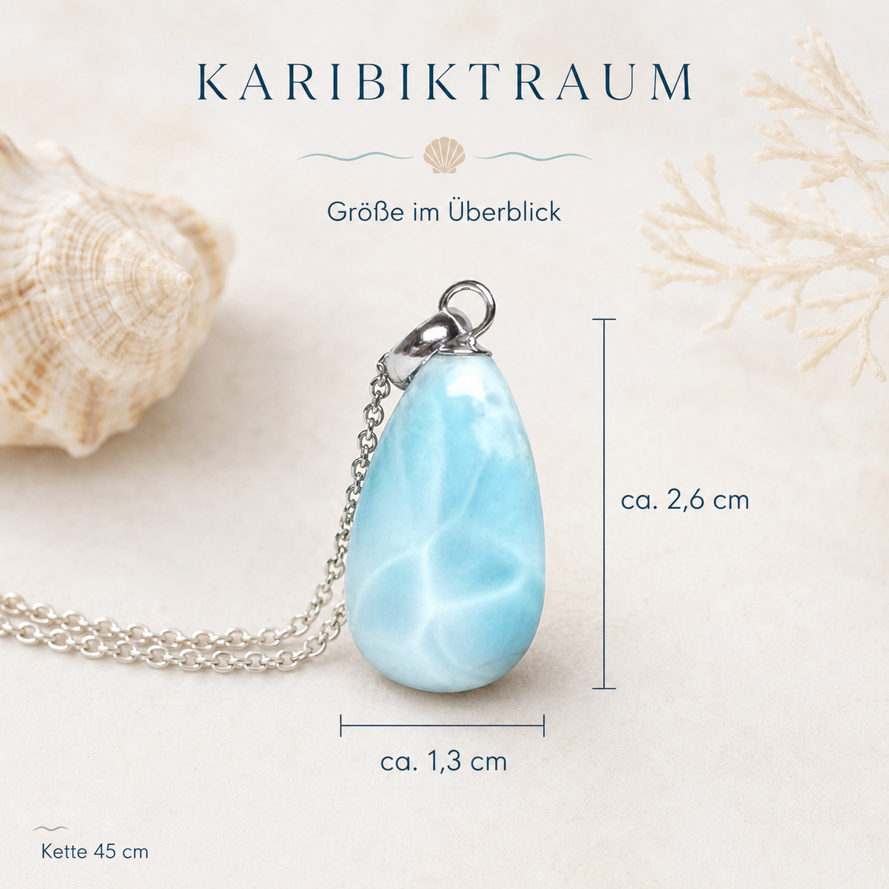 Größenbild KARIBIKTRAUM – Larimar-Halskette aus 925 Silber mit echtem Larimar Tropfen-Anhänger, ca. 2,6 x 1,3 cm, 45 cm Silberkette, maritimer Naturstein-Schmuck im seltenen Blau der Karibik.