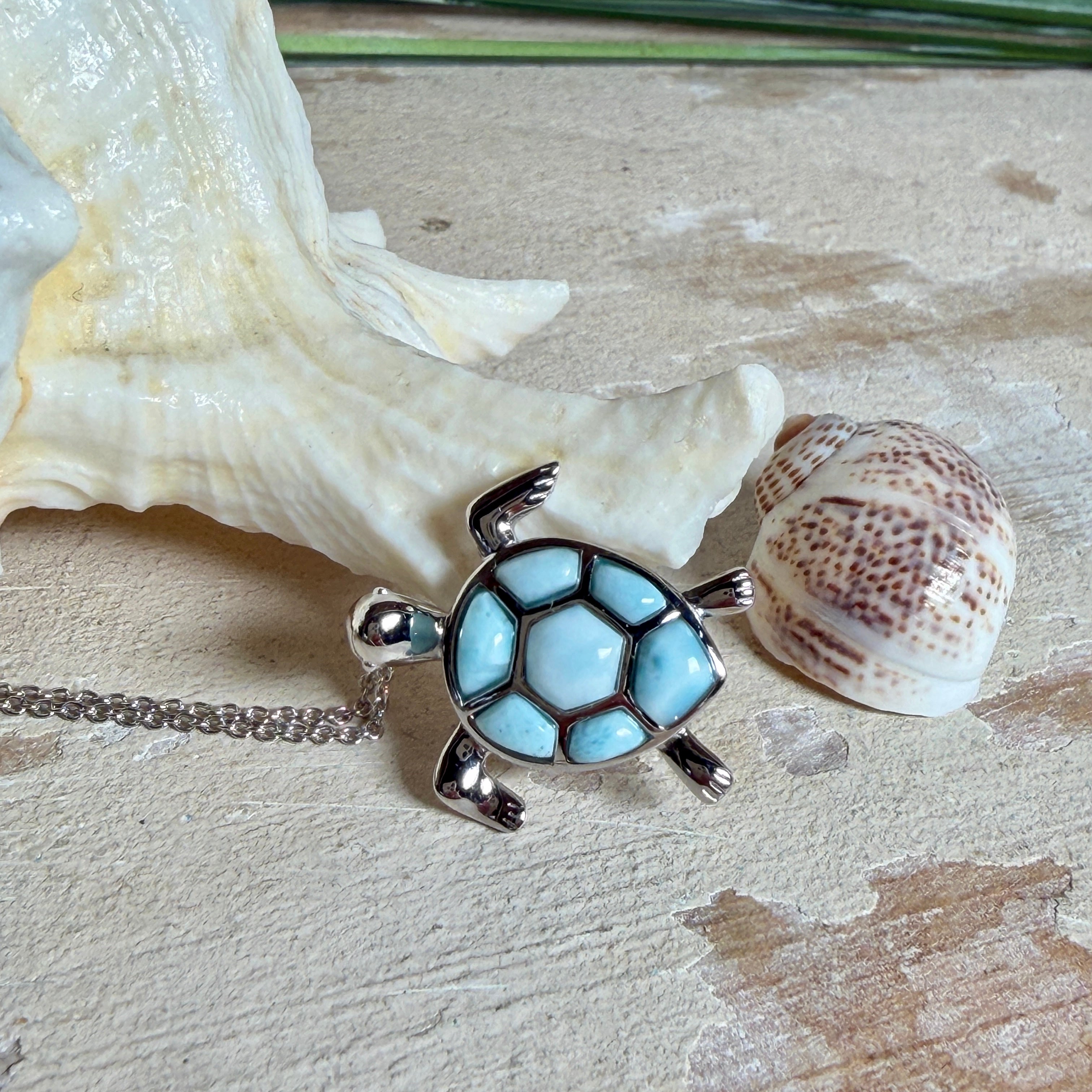 Feine Kette aus rhodiniertem 925 Silber mit Wasserschildkröten-Anhänger. Der ca. 25 x 18 mm große Anhänger zeigt eine Schildkröte, deren Panzer aus mehreren hellblauen Larimar-Inlays besteht. Seltener, kostbarer Larimar mit typischen wolkigen Strukturen, an einer ca. 45 cm langen, 1 mm starken, auf Platin rhodinierten Silberkette. Fotografiert in schwarzer Schmuckbox und vor maritimer Dekoration mit Muscheln.