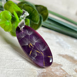 Ovaler Anhänger mit echter Pusteblume in Harz, Hintergrund Brombeerfarben. Größe 4 × 1,8 cm, versilberte Kette 50 cm mit Karabinerverschluss. Handgefertigtes Unikat.