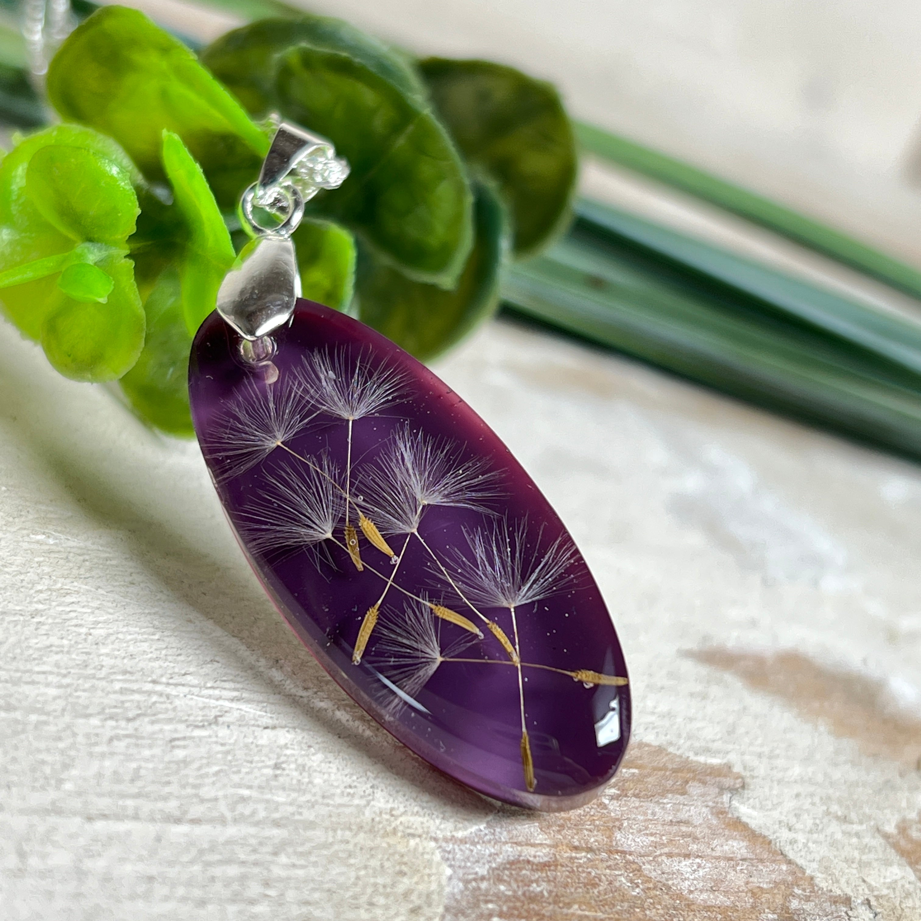 Ovaler Anhänger mit echter Pusteblume in Harz, Hintergrund Brombeerfarben. Größe 4 × 1,8 cm, versilberte Kette 50 cm mit Karabinerverschluss. Handgefertigtes Unikat.