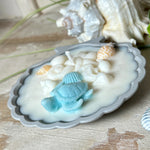 andgefertigte Kerze „Ozeanfreund“ in Jesmonite-Schale (ca. 11 cm). Gefüllt mit nachhaltigem Sojawachs, dekoriert mit echten Muscheln, handgegossenen Wachsmuscheln und einer türkisfarbenen Wachsschildkröte. Maritime Kerze – einzigartig, dekorativ und perfekt als Geschenk oder als Meeres-Deko.