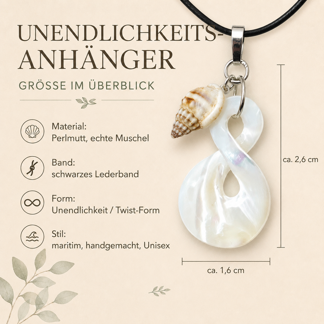 Größenbild Unendlichkeits-Anhänger – handgefertigter Perlmutt Anhänger in Twist-Form mit echter Muschel am schwarzen Lederband, maritimer Unisex Naturschmuck, ca. 2,6 x 1,6 cm.