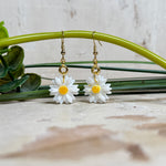 Handgefertigte Gänseblümchen-Ohrringe aus Harz mit 925 vergoldeten Ohrhaken, weiße Blüte mit gelbem Zentrum, goldfarbene Details, Länge ca. 4,5 cm.