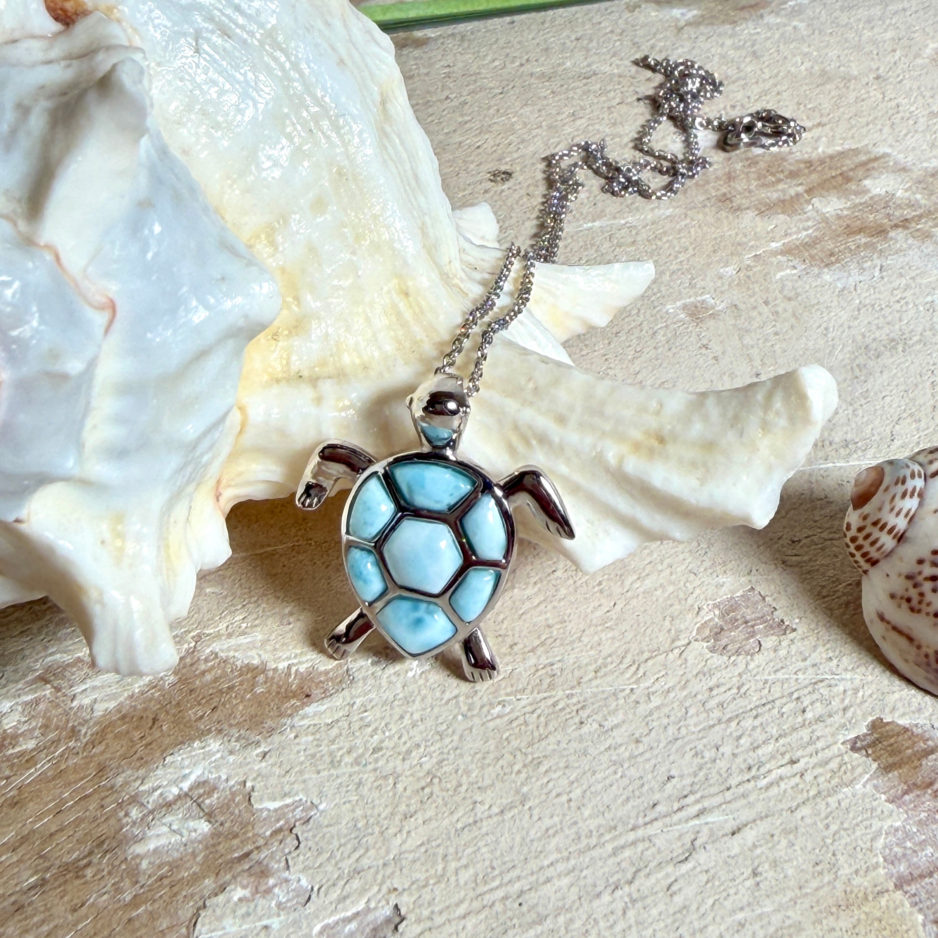 Feine Kette aus rhodiniertem 925 Silber mit Wasserschildkröten-Anhänger. Der ca. 25 x 18 mm große Anhänger zeigt eine Schildkröte, deren Panzer aus mehreren hellblauen Larimar-Inlays besteht. Seltener, kostbarer Larimar mit typischen wolkigen Strukturen, an einer ca. 45 cm langen, 1 mm starken, auf Platin rhodinierten Silberkette. Fotografiert in schwarzer Schmuckbox und vor maritimer Dekoration mit Muscheln.