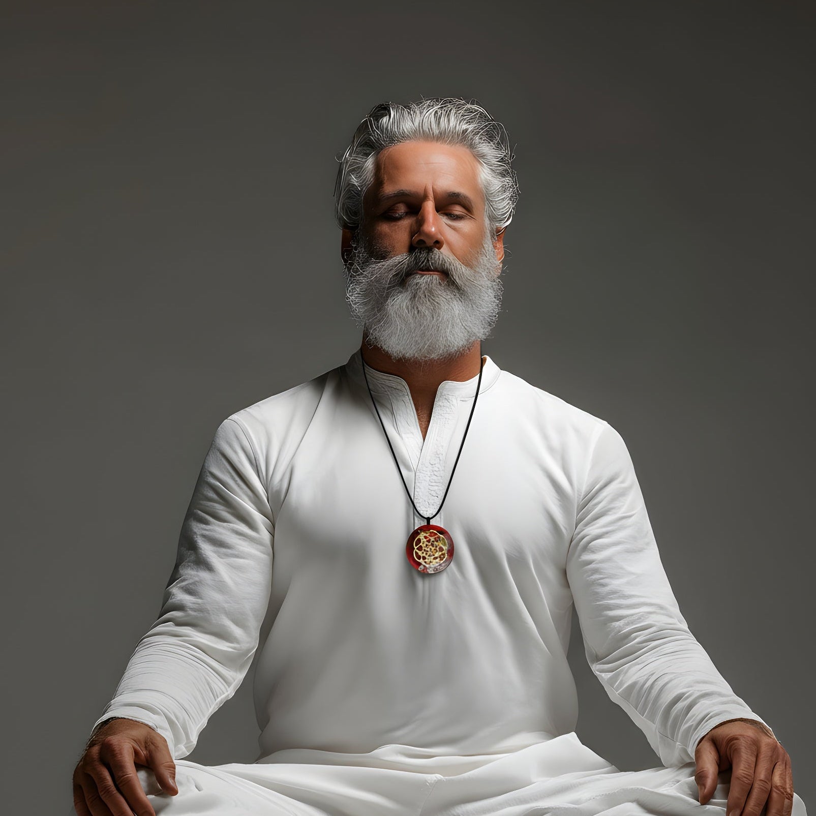 Handgefertigtes Medaillon aus klarem Epoxidharz mit kunstvollem rot-silber-weißen Farbverlauf und einem goldenen Samen des Lebens Symbol in der Mitte. Das spirituelle Schmuckstück strahlt Harmonie, Wachstum und Schutz aus. Rückseite mit individueller Harzstruktur, Vorderseite transparent glänzend. Anhänger mit verstellbarem schwarzen Baumwollband, auf hellem Hintergrund mit grünen Blätterni dekorativ inszeniert.