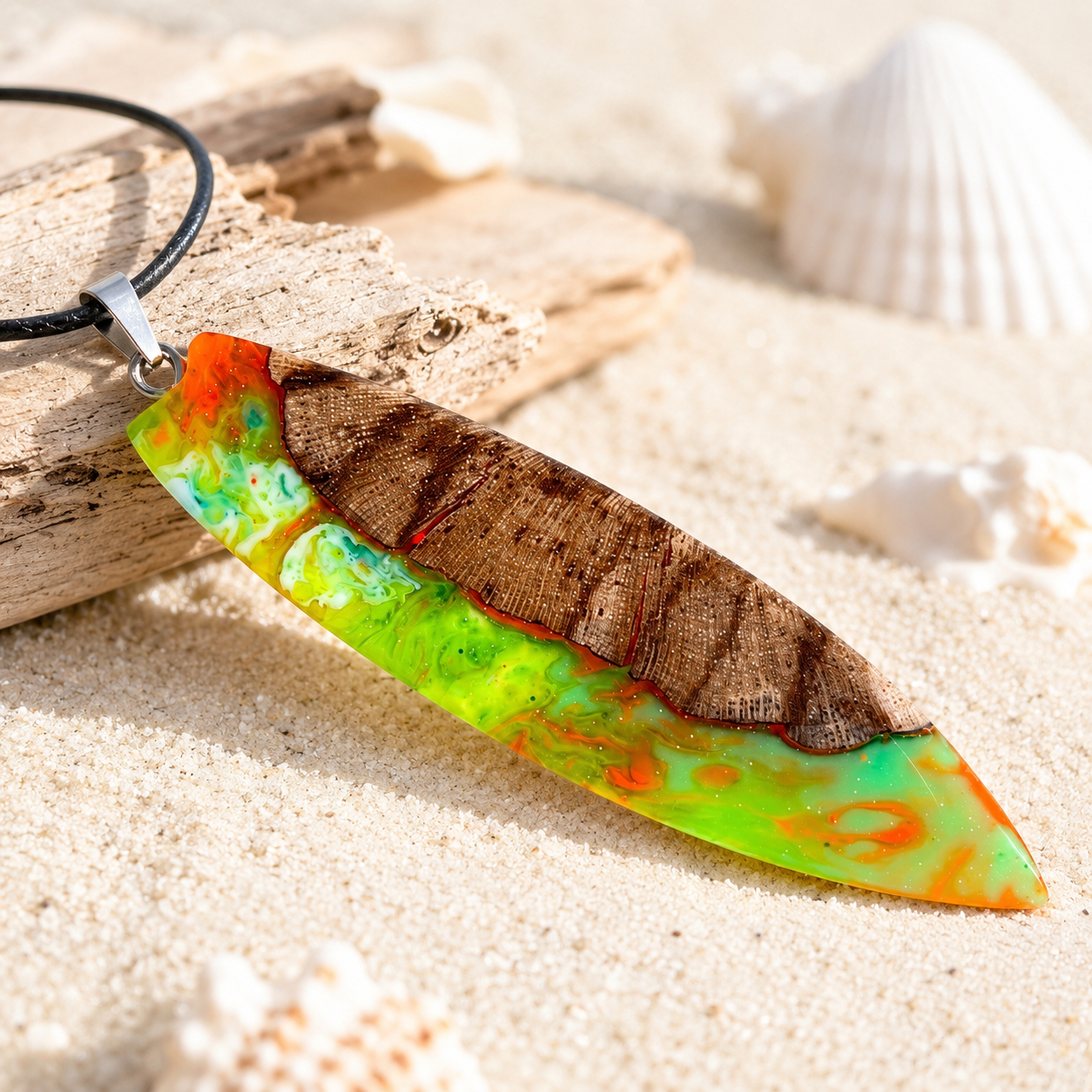 Handgefertigte „Tropical Glow“ Halskette mit Surfbrett Anhänger aus Rebholz und fluoreszierendem Epoxidharz in Grün, Orange und Türkis, maritimer Unisex Schmuck an schwarzer Lederkette, leuchtet unter Schwarzlicht, einzigartiges Sommer Unikat.
