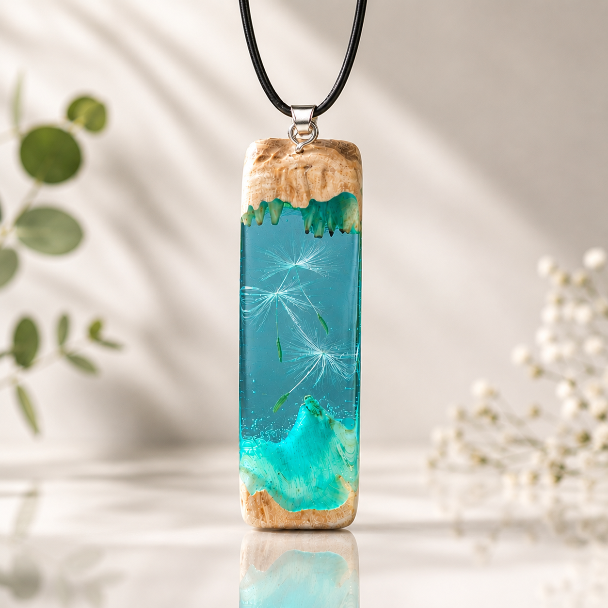 Maserholz Anhänger „Windlicht“ mit echten Pusteblumensamen in türkisfarbenem Epoxidharz an schwarzer Lederkette. Handgefertigter Unikat-Schmuck mit Hochglanz-Finish. Die schwebenden Samen und das leuchtende Türkis erinnern an einen eingefangenen Windhauch und die Schönheit der Natur.