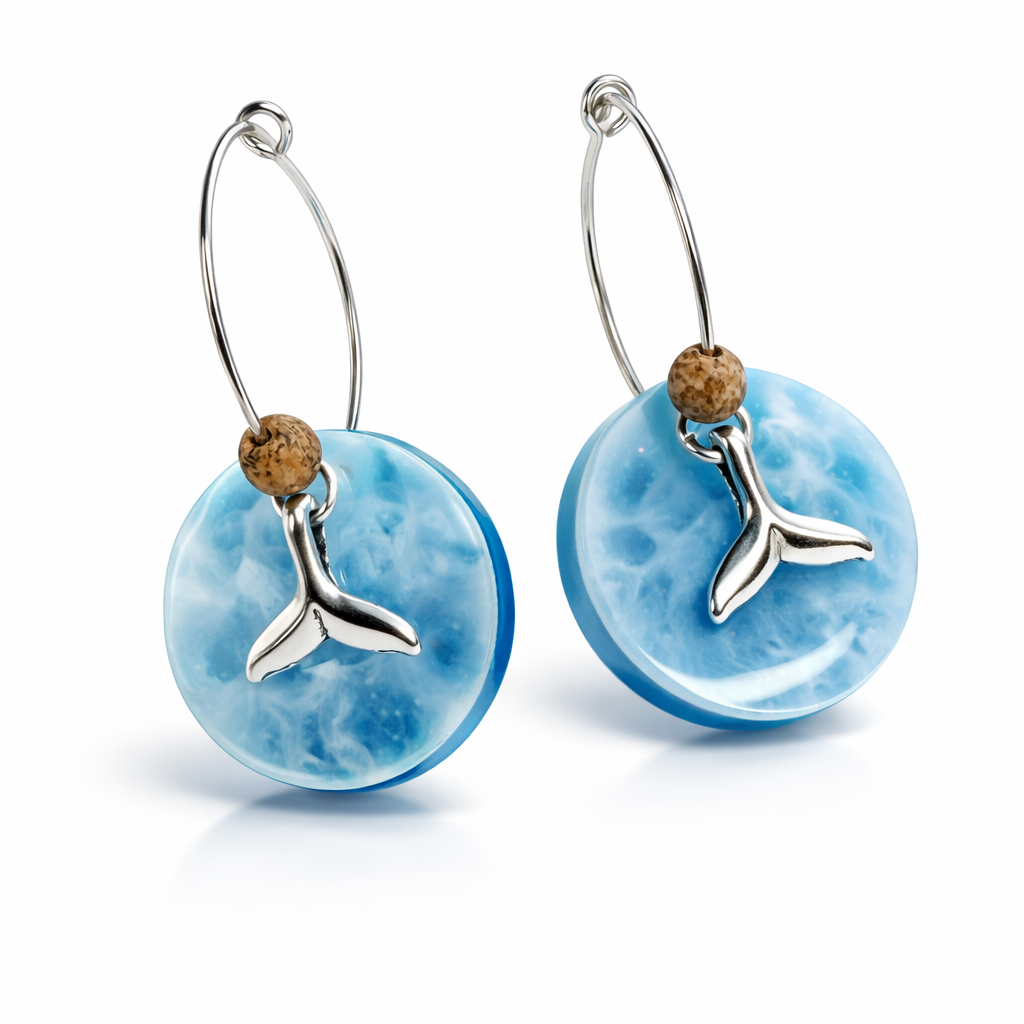 Handgefertigte Creolen-Ohrringe mit hellblauer Resin-Scheibe, zarter Wolkenmarmorierung, silbernem Walflosse-Charm und Jaspis-Natursteinperle. 925 Silber Creole, Gesamtlänge ca. 3,5 cm – Ocean-Feeling für jeden Tag.