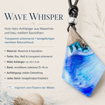 Info-Detailbild WAVE WHISPER – handgefertigter Holz-Harz-Anhänger aus Maserholz und blau-weißem Epoxidharz, transparent schimmernder maritimer Naturschmuck am verstellbaren Lederband.