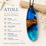 Holz-Harz Anhänger Ozean Maserholz Blau Türkis – ovaler Anhänger 6,8 cm an schwarzem Lederband, Atoll Unikat