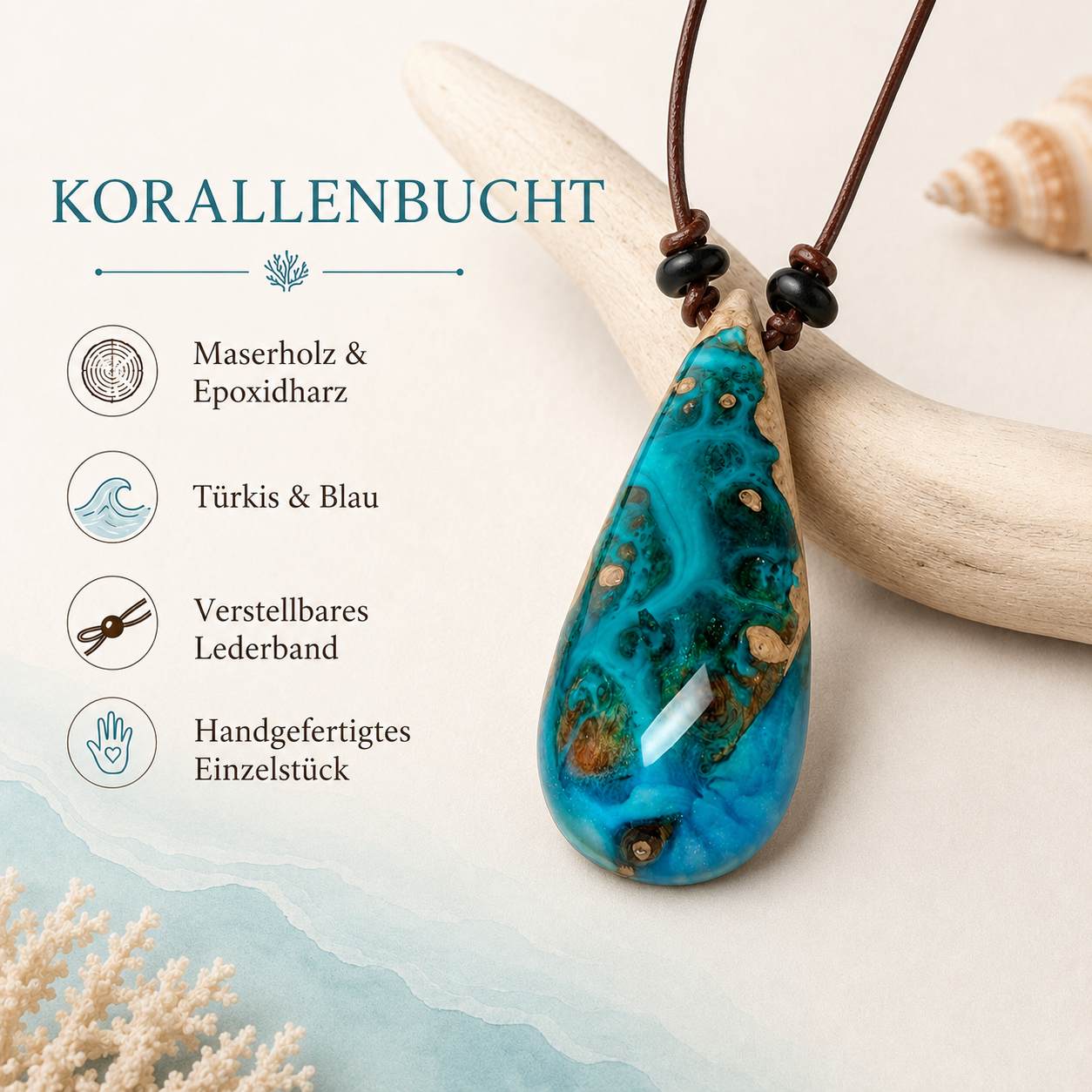 Info-Detailbild KORALLENBUCHT – handgefertigter Holz-Harz-Anhänger aus Maserholz und türkis-blauem Epoxidharz am verstellbaren Lederband mit flachen Onyxperlen, maritimer Naturschmuck im Tropfendesign, einzigartiges Unikat mit natürlicher Holzmaserung und Ozeanoptik.