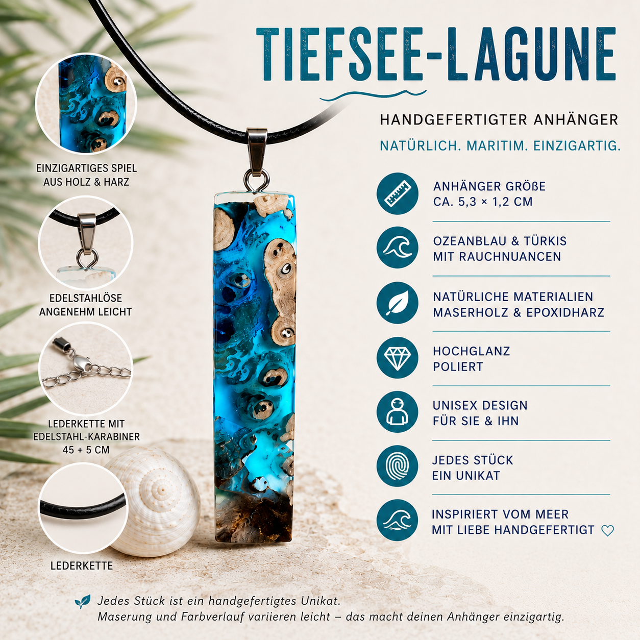 Infografik zum handgefertigten Maserholz-Anhänger „Tiefsee-Lagune“ aus Epoxidharz in Ozeanblau und Türkis. Gezeigt werden Größe, Materialien, Lederkette, Hochglanz-Politur, Unisex-Design und die besondere Unikat-Maserung des maritimen Naturschmucks.